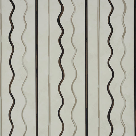 Affogato wallpaper in Ivory & Carbon by Backdrop for Schumacher, featuring painterly serpentine stripes in a modern, trompe-l'oeil effect.