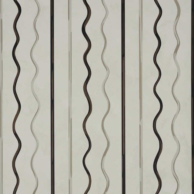 Affogato wallpaper in Ivory & Carbon by Backdrop for Schumacher, featuring painterly serpentine stripes in a modern, trompe-l'oeil effect.