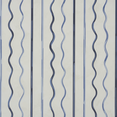 Affogato wallpaper by Schumacher in Cornflower & Deep Navy, featuring painterly serpentine stripes inspired by scalloped café awnings.