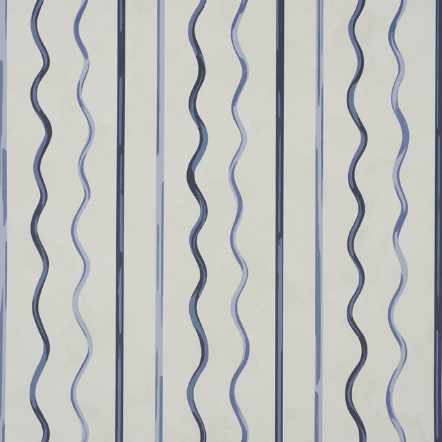 Affogato wallpaper by Schumacher in Cornflower & Deep Navy, featuring painterly serpentine stripes inspired by scalloped café awnings.