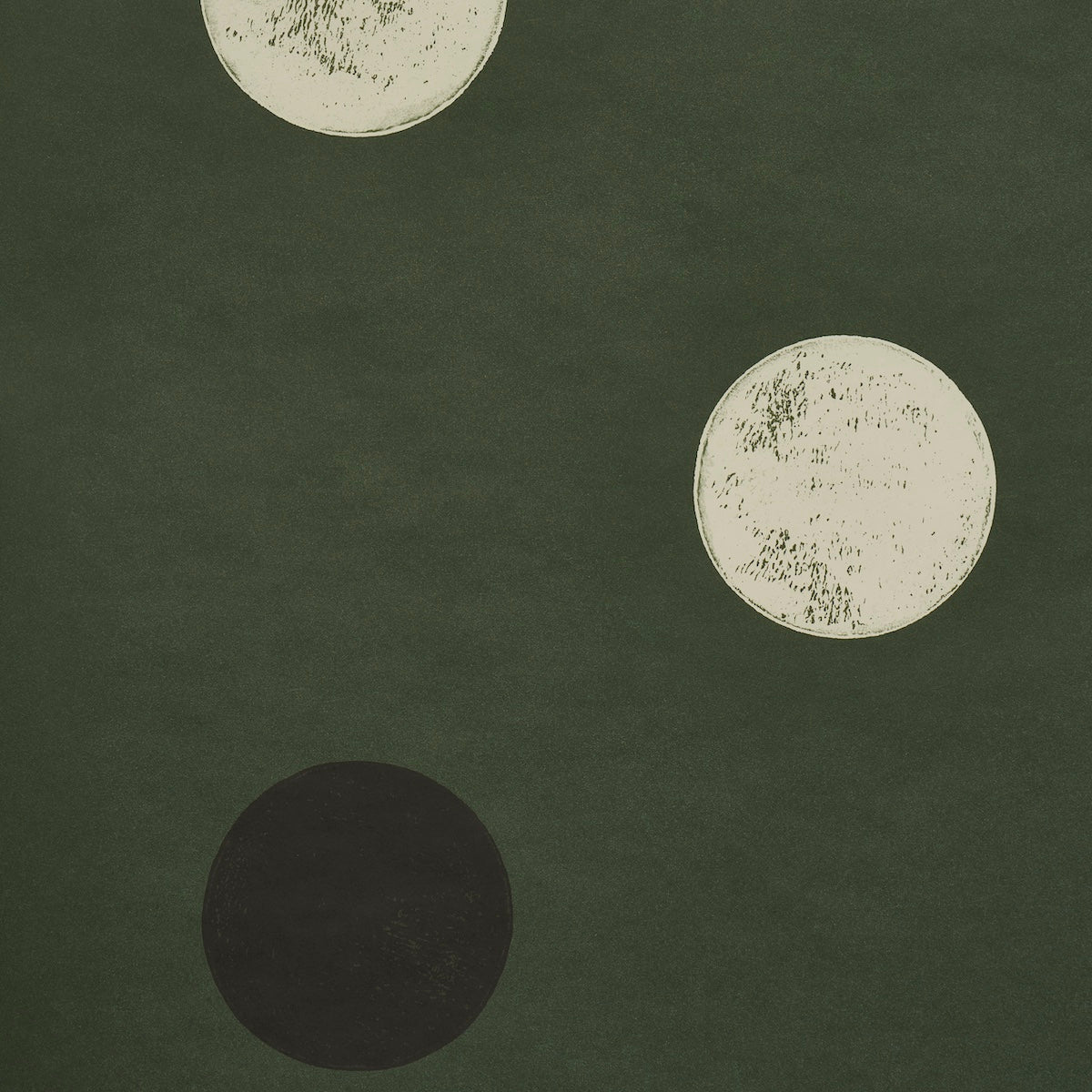 Monte Carlo Deep Green by Backdrop for Schumacher. Large-scale polka dot wallpaper in deep green with graphic, ink-rolled effect circles.