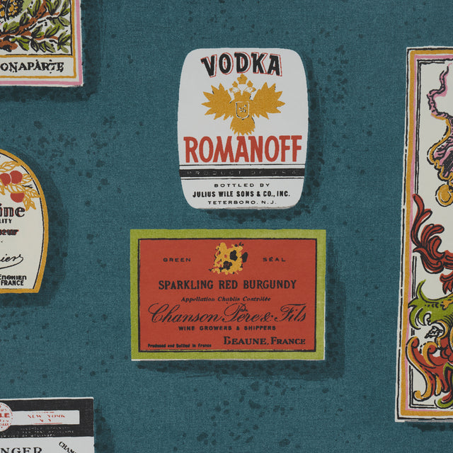 SALUD Grotto Blue by Backdrop Retro Liquor Label Wallpaper – Schumacher 5015600