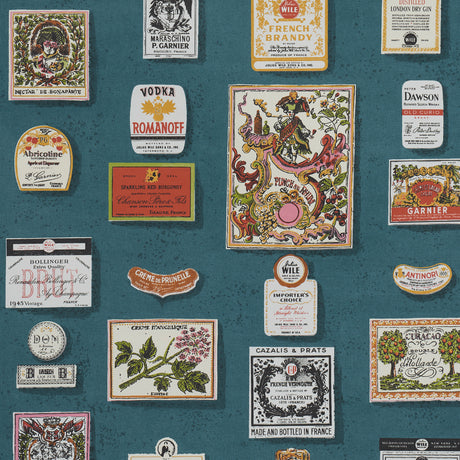 SALUD Grotto Blue by Backdrop for Schumacher. Retro wallpaper featuring vintage liquor bottle labels on a blue background.