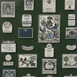 SALUD by Backdrop for Schumacher in Rosemary. Retro liquor bottle label wallpaper in green with vintage-inspired illustrations.