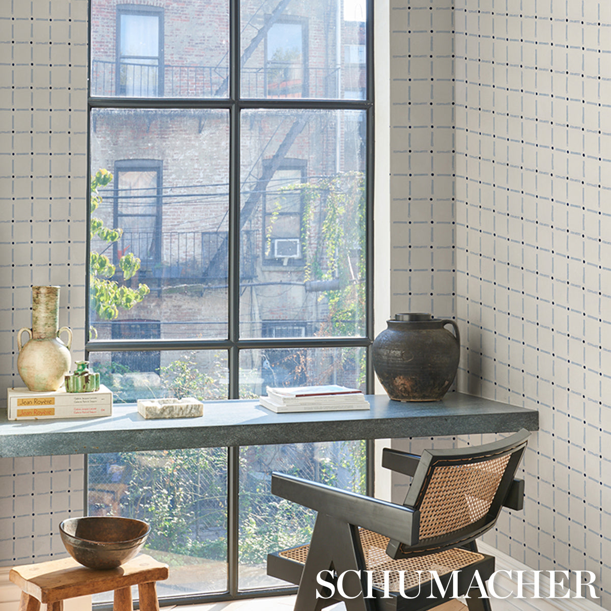 Drifting Grid Sky by Caroline Z Hurley Modern Plaid Wallpaper – Schumacher 5015611