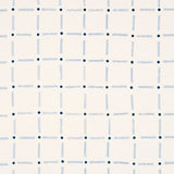 Drifting Grid wallpaper in Sky by Caroline Z Hurley for Schumacher, a playful blue grid pattern on white background.