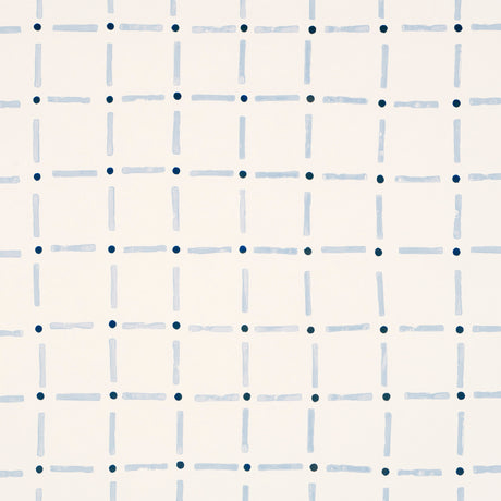 Drifting Grid wallpaper in Sky by Caroline Z Hurley for Schumacher, a playful blue grid pattern on white background.