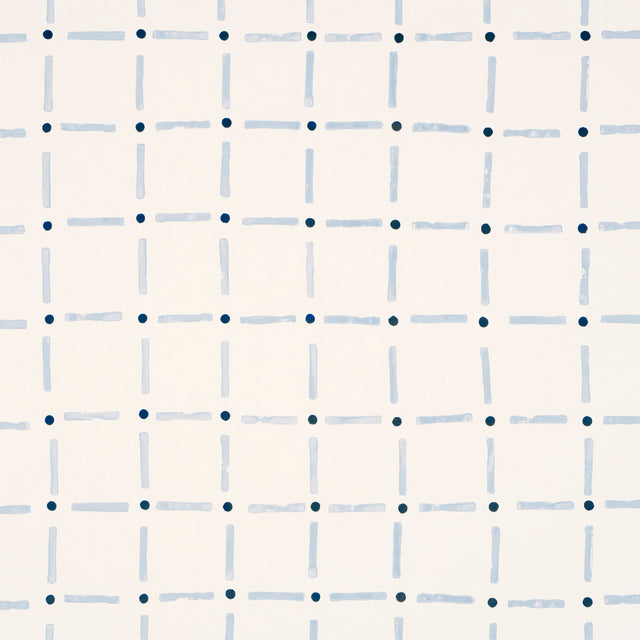 Drifting Grid wallpaper in Sky by Caroline Z Hurley for Schumacher, a playful blue grid pattern on white background.