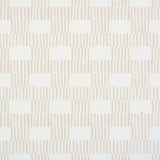 FIELD Sand by Caroline Z Hurley for Schumacher. Modern geometric block print wallpaper in a subtle sand colorway, shown in styled and detail views.