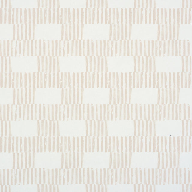 FIELD Sand by Caroline Z Hurley for Schumacher. Modern geometric block print wallpaper in a subtle sand colorway, shown in styled and detail views.