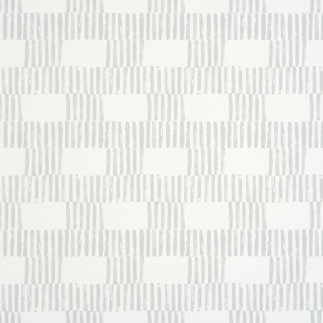 FIELD Fog by Caroline Z Hurley for Schumacher - Modern geometric block print wallpaper in a subtle fog grey colorway, shown in styled and detail views.