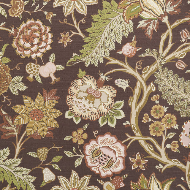 Darsy Tree of Life Sisal wallpaper in sepia by Schumacher, featuring a large-scale botanical pattern with intricate flowers and foliage on a textured sisal ground.