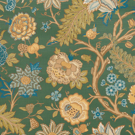 Darsy Tree of Life Sisal wallpaper in Juniper by Schumacher, a large-scale botanical pattern with colorful flowers and foliage on a textured green background.
