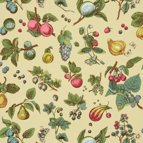 Berry Grove wallpaper in Butter by Schumacher, featuring a vintage botanical fruit pattern in yellow, green, red, and blue tones.