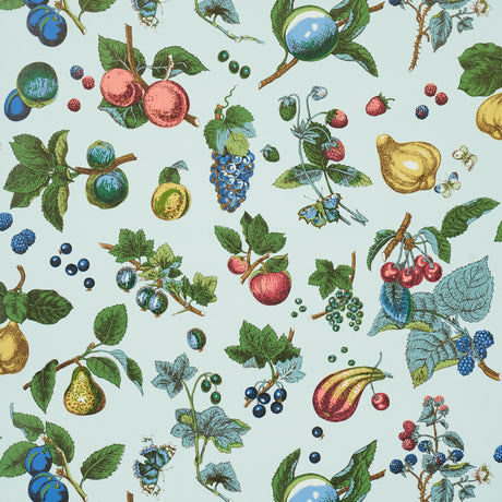 Berry Grove wallpaper in Sky by Schumacher features a vibrant botanical fruit and berry pattern on a light blue background.