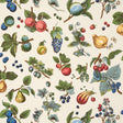 Berry Grove wallpaper by Schumacher features a lively botanical print with colorful fruits and foliage on an ivory background.