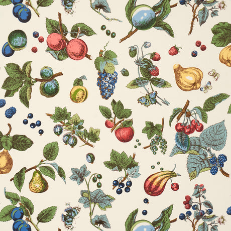 Berry Grove wallpaper by Schumacher features a lively botanical print with colorful fruits and foliage on an ivory background.