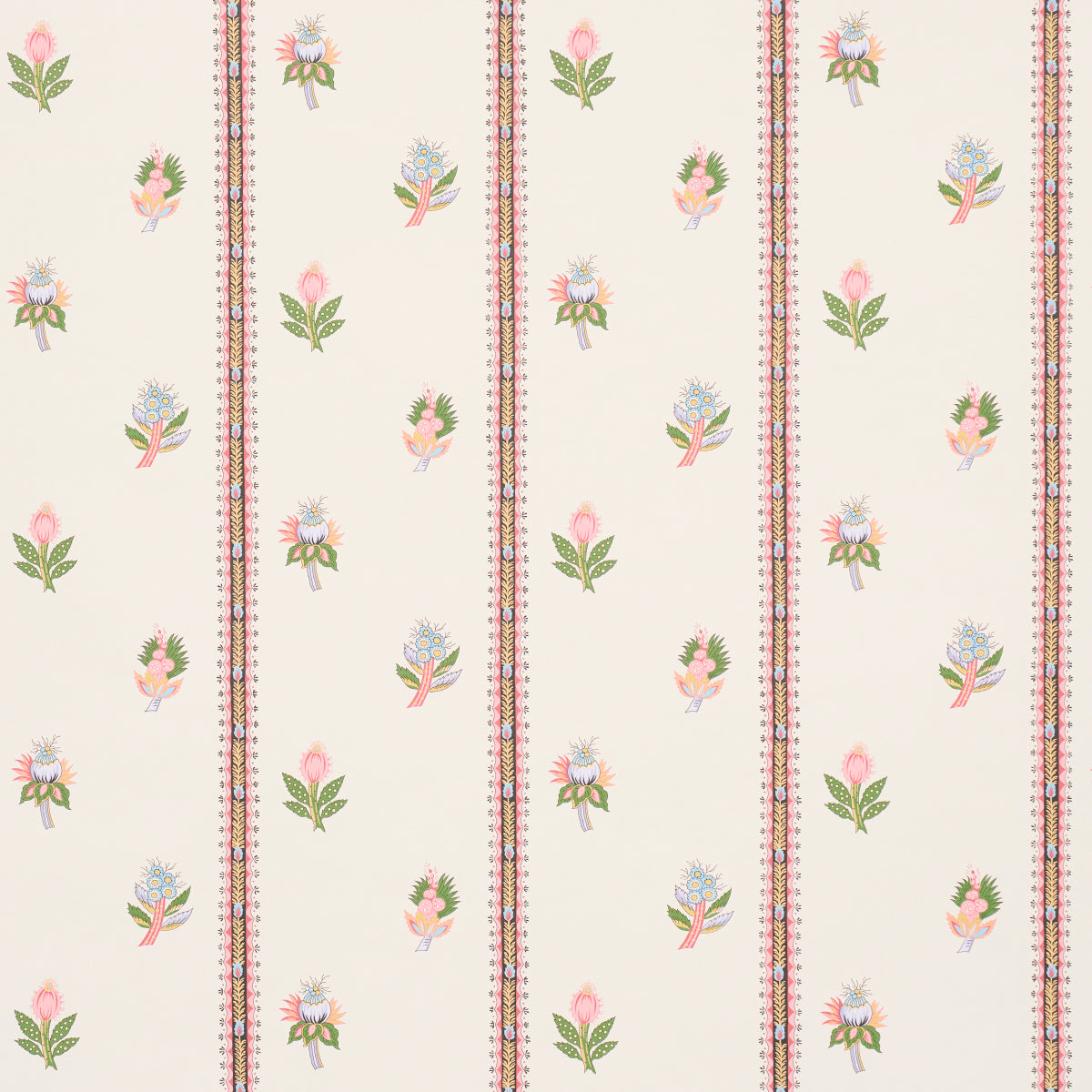 LES FLEURS EXOTIQUES wallpaper in Antique Rose by Schumacher, featuring vintage-inspired vertical stripes and delicate tropical flowers.
