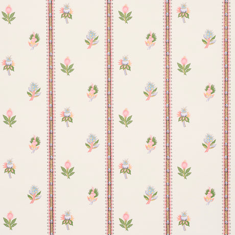 LES FLEURS EXOTIQUES wallpaper in Antique Rose by Schumacher, featuring vintage-inspired vertical stripes and delicate tropical flowers.