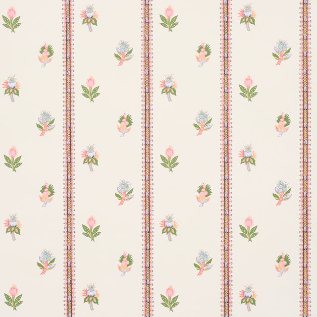 LES FLEURS EXOTIQUES wallpaper in Antique Rose by Schumacher, featuring vintage-inspired vertical stripes and delicate tropical flowers.