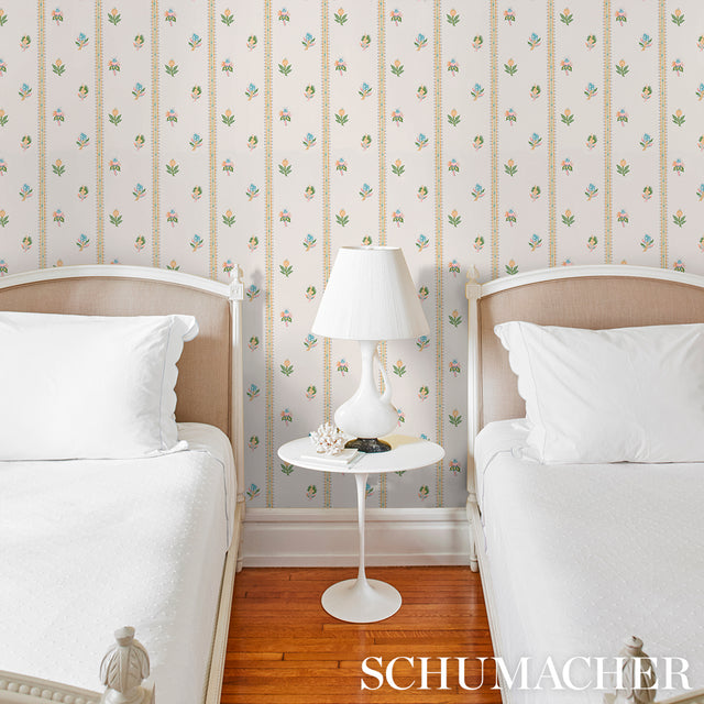 LES FLEURS EXOTIQUES Citron by Schumacher Domino Effect Collection Vintage Floral Stripe Wallpaper – Schumacher 5015661