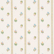 LES FLEURS EXOTIQUES wallpaper in citron colorway, featuring narrow vertical stripes and delicate tropical flowers, styled in a bedroom setting.