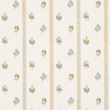 LES FLEURS EXOTIQUES wallpaper in citron colorway, featuring narrow vertical stripes and delicate tropical flowers, styled in a bedroom setting.