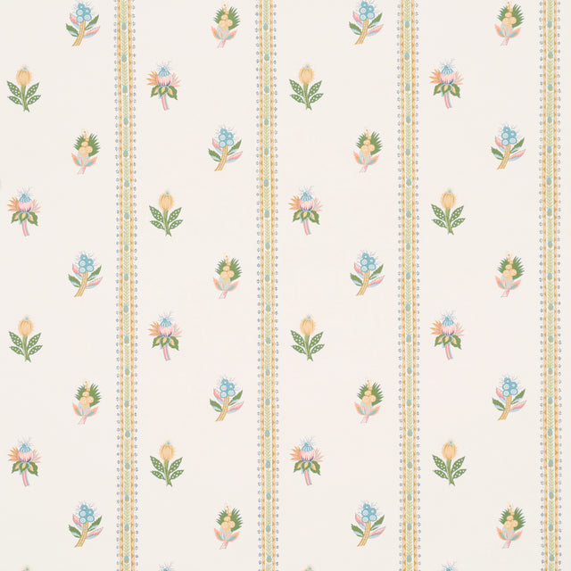 LES FLEURS EXOTIQUES wallpaper in citron colorway, featuring narrow vertical stripes and delicate tropical flowers, styled in a bedroom setting.
