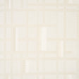 Axel Plaid Wallcovering in Parchment by Schumacher. Artisanal geometric jacquard weave wallpaper with cut fringe detail, shown in a styled bedroom interior.