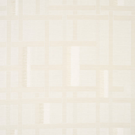 Axel Plaid Wallcovering in Parchment by Schumacher. Artisanal geometric jacquard weave wallpaper with cut fringe detail, shown in a styled bedroom interior.
