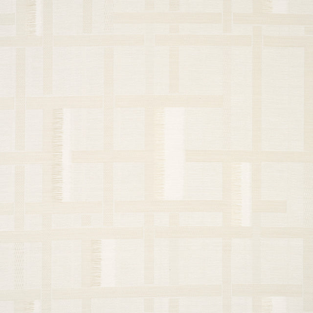 Axel Plaid Wallcovering in Parchment by Schumacher. Artisanal geometric jacquard weave wallpaper with cut fringe detail, shown in a styled bedroom interior.