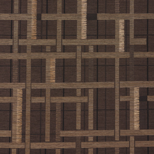 Axel Plaid Wallcovering in Saddle Brown by Schumacher, artisanal geometric jacquard weave wallpaper with cut fringe detail, shown in a modern bedroom setting.