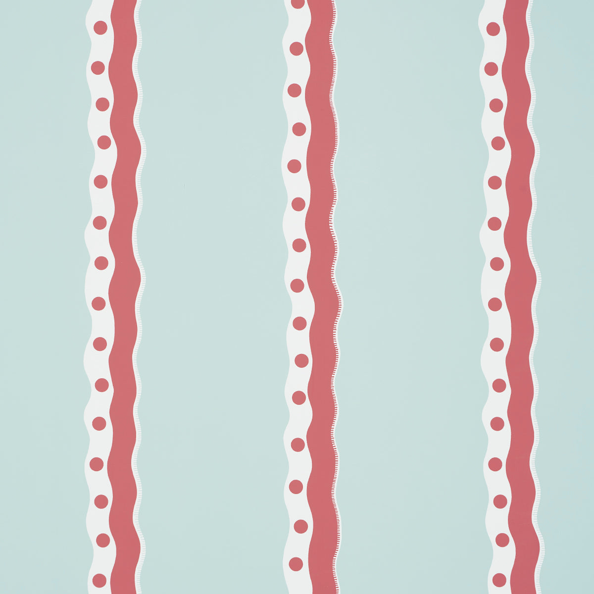 Rousseau Stripe wallpaper in Rouge & Sky by Schumacher, featuring playful wavy red and white stripes with polka dots on a pale blue background.