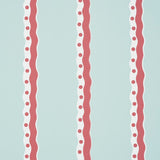 Rousseau Stripe wallpaper in Rouge & Sky by Schumacher, featuring playful wavy red and white stripes with polka dots on a pale blue background.
