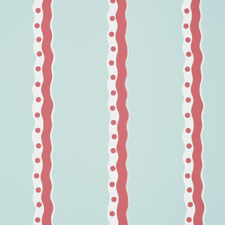 Rousseau Stripe wallpaper in Rouge & Sky by Schumacher, featuring playful wavy red and white stripes with polka dots on a pale blue background.