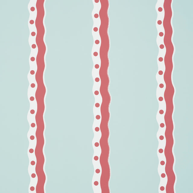 Rousseau Stripe wallpaper in Rouge & Sky by Schumacher, featuring playful wavy red and white stripes with polka dots on a pale blue background.