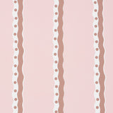 Rousseau Stripe wallpaper in cocoa and blush by Schumacher, featuring wavy vertical stripes with polka dots on a soft pink background.