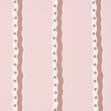 Rousseau Stripe wallpaper in cocoa and blush by Schumacher, featuring wavy vertical stripes with polka dots on a soft pink background.