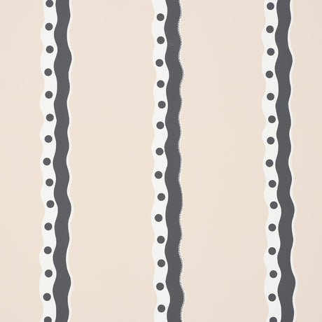 Rousseau Stripe wallpaper in Noir & Cream by Schumacher, featuring wavy black and white stripes with polka dots on a cream background.