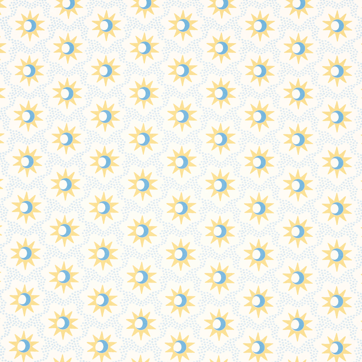 Lucie wallpaper in yellow and sky by Schumacher, featuring lively starbursts and crescent moons in a small-scale celestial pattern.