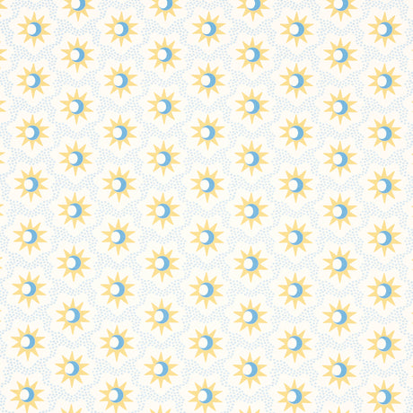 Lucie wallpaper in yellow and sky by Schumacher, featuring lively starbursts and crescent moons in a small-scale celestial pattern.