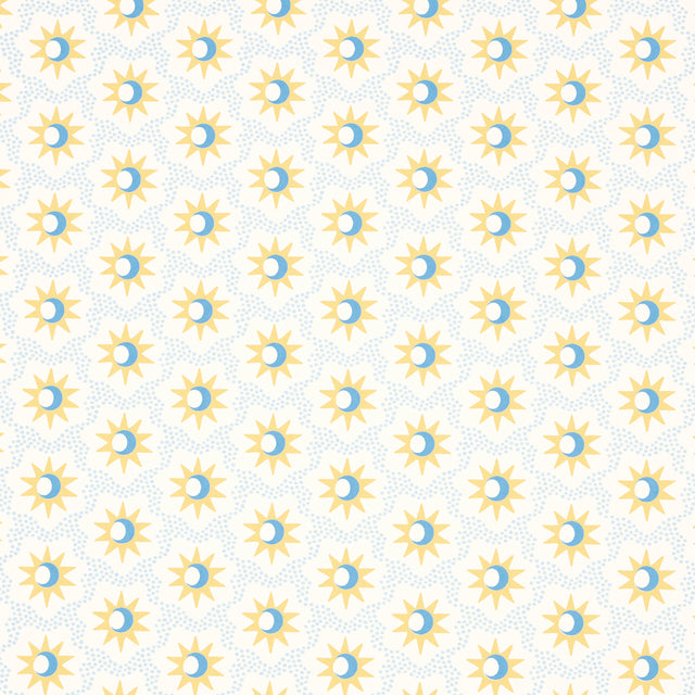 Lucie wallpaper in yellow and sky by Schumacher, featuring lively starbursts and crescent moons in a small-scale celestial pattern.