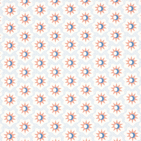 Lucie wallpaper in clay and blue by Schumacher, featuring a celestial starburst and crescent moon pattern.