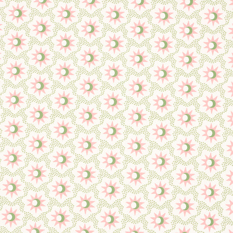 Lucie wallpaper in pink and green with starburst and crescent moon pattern by Schumacher