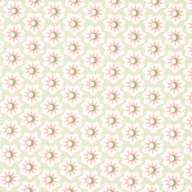 Lucie wallpaper in pink and green with starburst and crescent moon pattern by Schumacher