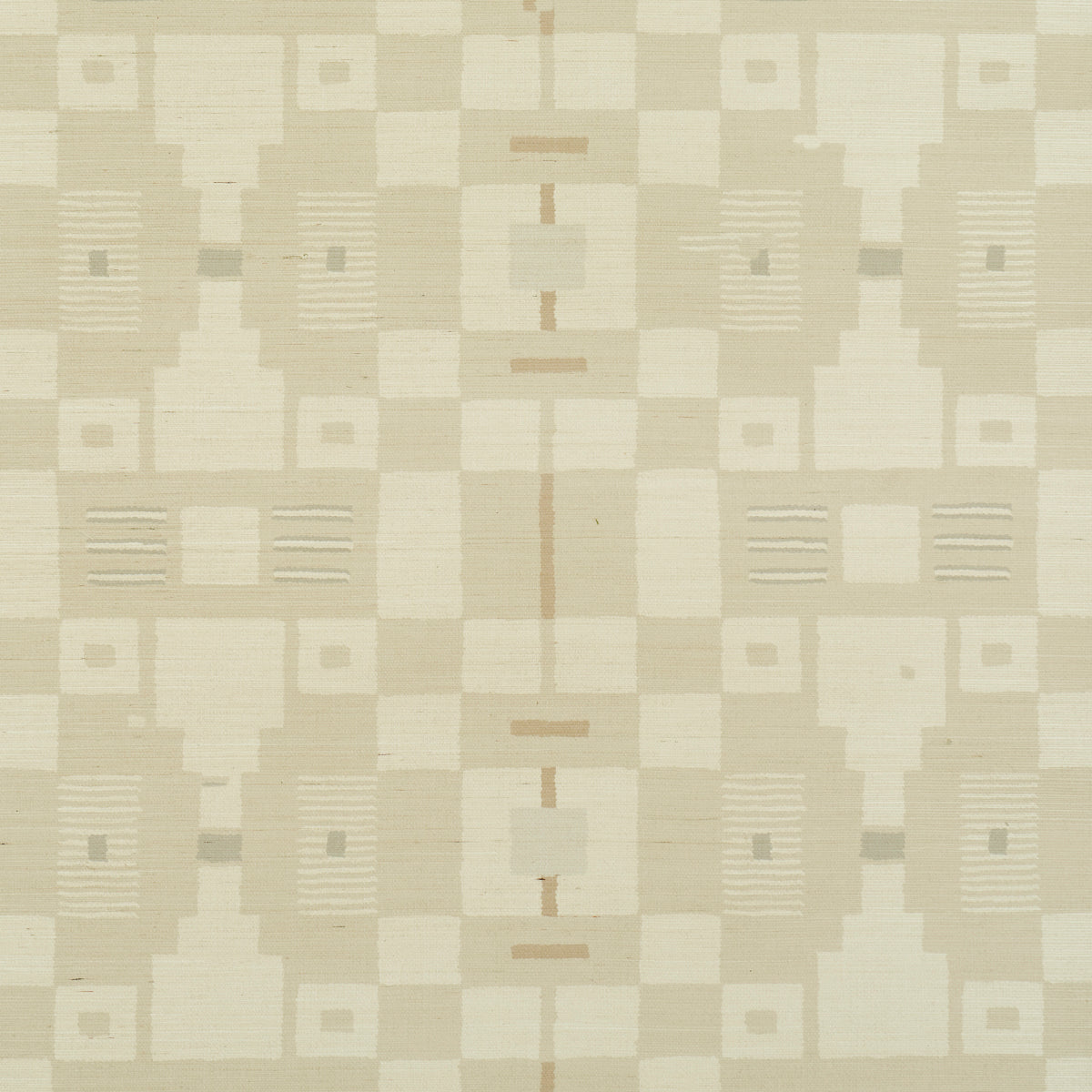 Periscope Sisal wallpaper by Schumacher in a neutral geometric pattern, shown in a styled bedroom setting.