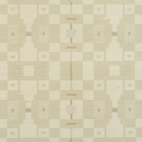 Periscope Sisal wallpaper by Schumacher in a neutral geometric pattern, shown in a styled bedroom setting.