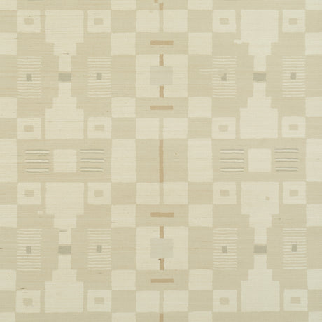 Periscope Sisal wallpaper by Schumacher in a neutral geometric pattern, shown in a styled bedroom setting.