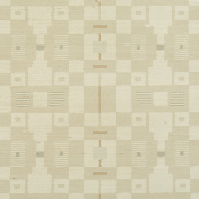 Periscope Sisal wallpaper by Schumacher in a neutral geometric pattern, shown in a styled bedroom setting.