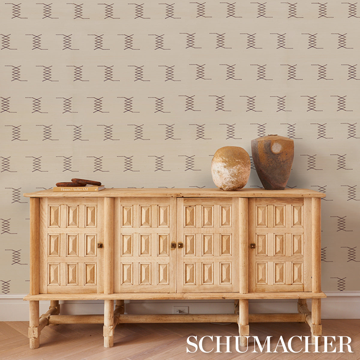 Kin Sisal Embroidery Hazel on Ivory by Schumacher Modern Hand-Stitched Geometric Wallpaper – Schumacher 5015780